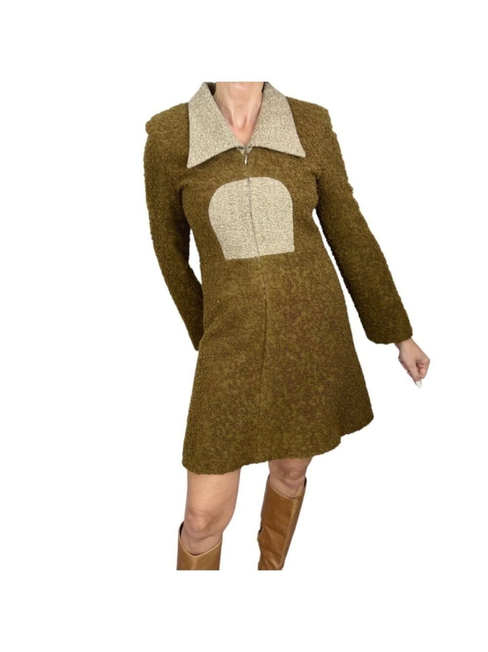 Vintage 60s Mod green boucle brown tweed zip front long sleeve mini dress XS